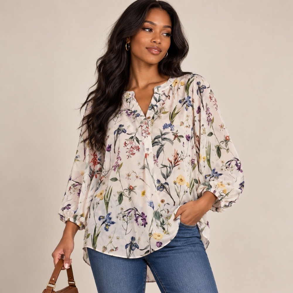 Tahari Woman Floral Split Neck Blouse Cream Pink Blue Long Sleeve Top XL
